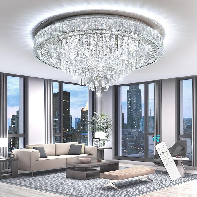 Modern Chandeliers for Living Room Crystal Ceiling Light Fixture LED Dimmable Lamp with Remote Pendant Lighting Flush Mount Ceiling Lighting for Dining Room Bedrooms