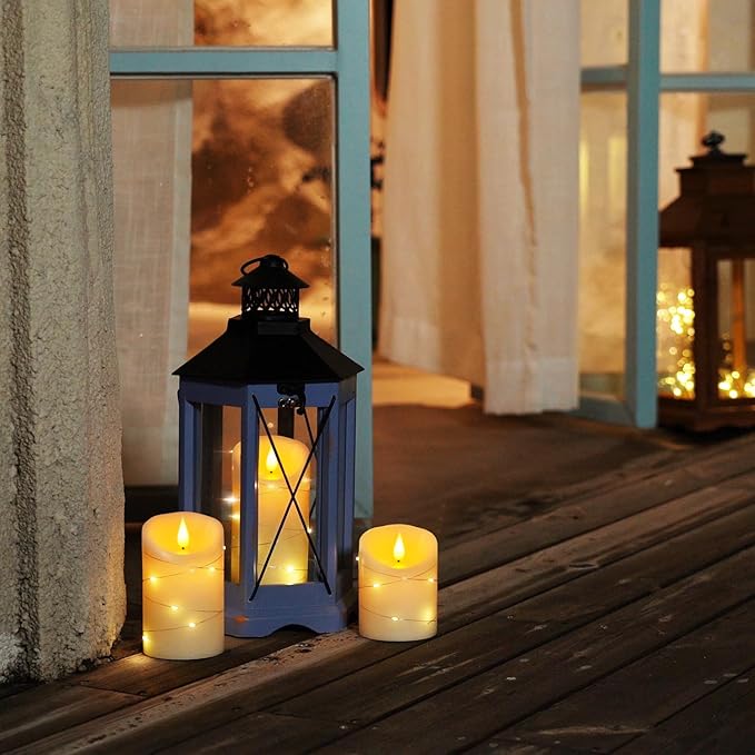 Homemory Flameless Candles with String Lights, 3 Pack Embedded Fairy String Lights LED Candles, Electric Flickering Candles with Remote Control and Timer, Real Wax, Ivory White