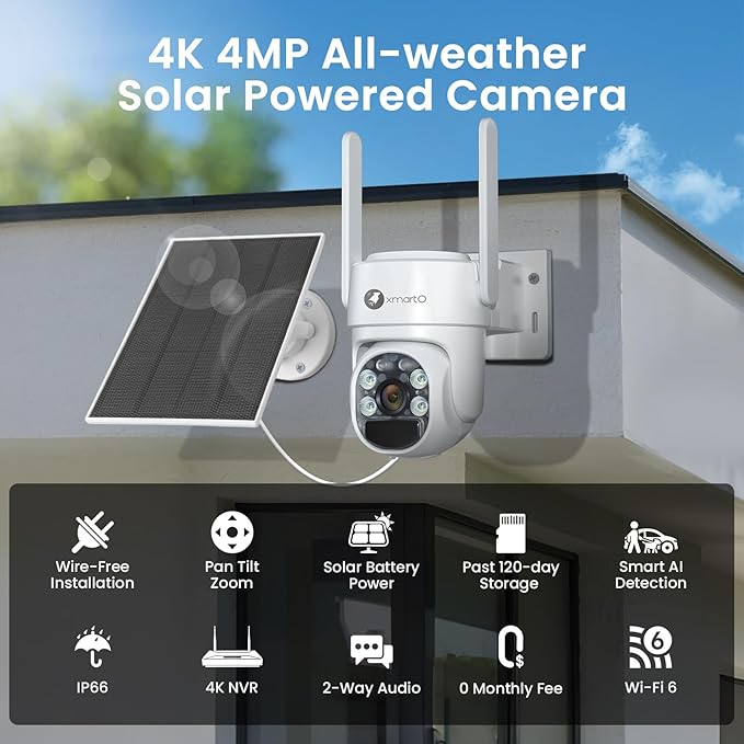 XMARTO QHD Wire-Free Solar Security Camera System Outdoor/Indoor Wireless, Pan Tilt Zoom, 4K Long Range WiFi 6 Surveillance DVR Kit, Long-Lasting Solar Battery Home CCTV 10-CAM Set w. 120-day Storage