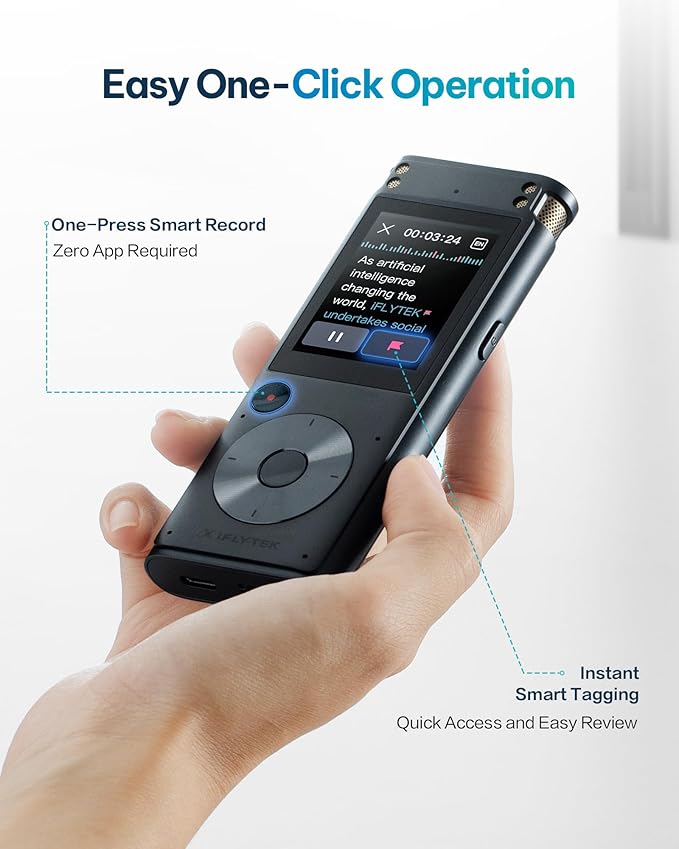 iFLYTEK Offline Voice Recorder with Playback, Secure Digital Recorder with AI Transcription, 5-Language Voice-to-Text, Noise Reduction, AI Voice Recorder for Meetings, Interviews, Learning