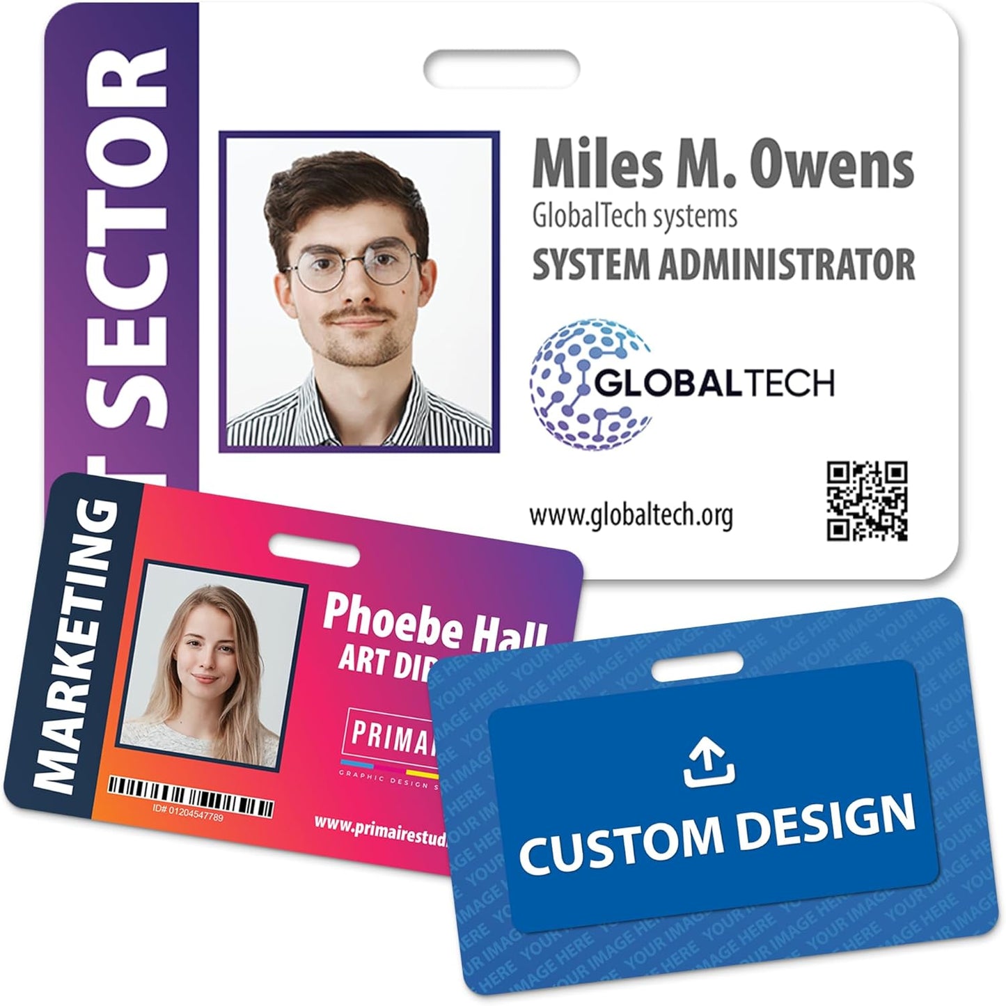 Custom Print Employee ID Badge with Vertical Side Text, Double Sided Print with Name, Photo, Logo, and Barcode â Unique Photo ID Card Solution (ID Horizontal)