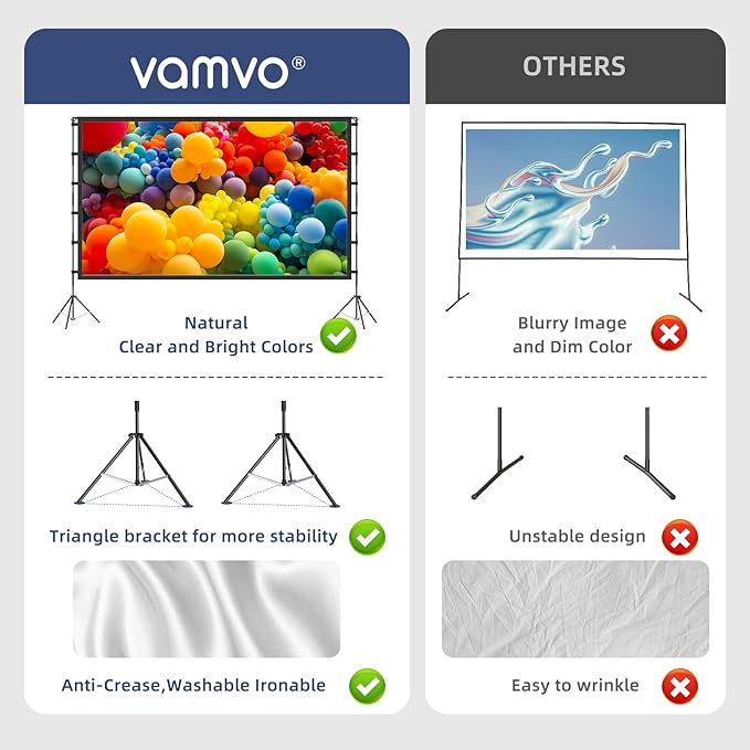 Projector Screen Outdoor, Vamvo Projector Screen with Stand Portable 120" Foldable ProjectorScreen, 10 Feet Indoor Movie-Screen with Carrying Bag for Home Theater Backyard Movie Night