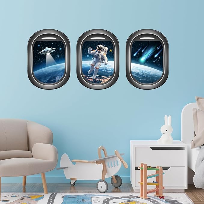 Quanhaigou Glow in The Dark 3D Space Wall Decals, Set of 3 Galaxy Window Stickers for Wall,Planet Themed Room Decor for Kids Boys