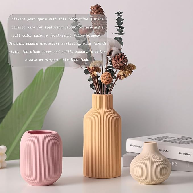 Ceramic Vase Set of 3, Vases Home Decor Modern Minimalist Decor Pottery Boho Vases for Pampas Grass Dried Fresh Flowers, Bookshelf, Shelf, Bedroom, Entryway Mantel Decor(Pink+Light Yellow+Orange)
