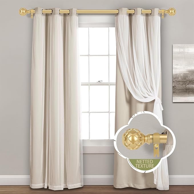 Gold Adjustable Curtain Rods for Windows:66-120 Inch Farmhouse Heavy Duty Curtain Rod for Bedroom Living Room,Boho Decorative Rustic Drapery Rods with Vintage Coastal Texture Finial,Brass Gold