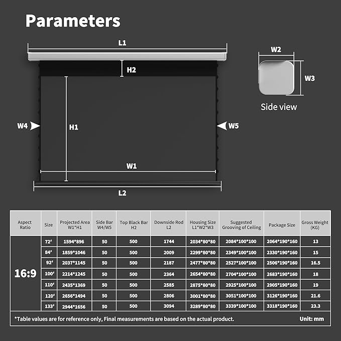 QuadraArc Motorized Projector Screen, Gray Crystal 4K Electric Drop Down Screen, Wall & Ceiling Mount, Compatible with ST/LT Projectors up to 1600 ANSI Lumens 100"