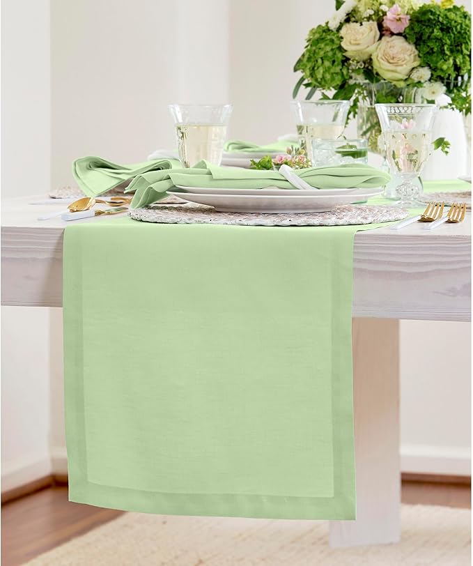 Solino Home Linen Pastel Green Table Runner 48 Inches - 100% Pure Linen Farmhouse Short Table Runner 14 x 48 Inch Ideal for Dresser and Coffee Tables - Fete