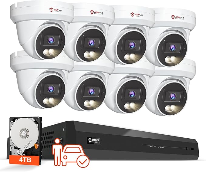 Anpviz 4K 16CH PoE Security Camera System, 8pcs Wired 8MP PoE IP Cameras Outdoor with Human Vehicle Detection, 100ft Smart Color Night Vision, 4K 16 Channel NVR with 4TB HDD for Business (U Series)