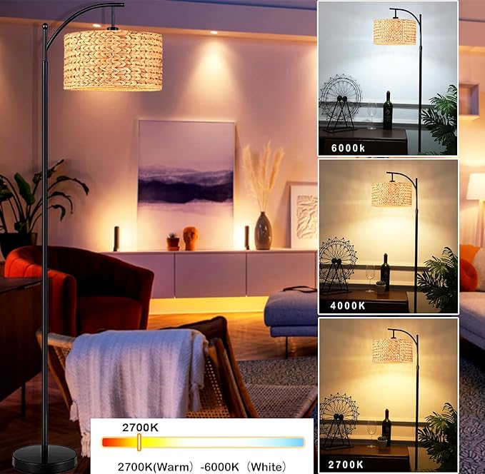 Floor Lamp for Living Room Bedroom Farmhouse Arc Rattan Boho Standing Lamp with Remote Dimmable Black Wicker Bamboo Lamp Shade Floor Light Adjustable Tall Lamp Industrial Floor Lamps Bohemian