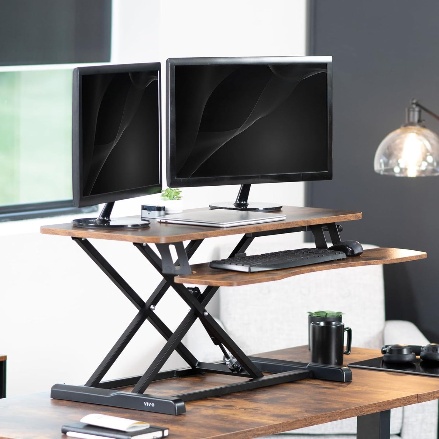 VIVO 36 inch Desk Converter, K Series, Height Adjustable Sit to Stand Riser, Dual Monitor and Laptop Workstation with Wide Keyboard Tray, Rustic Vintage Brown Top, Black Frame, DESK-V036KN
