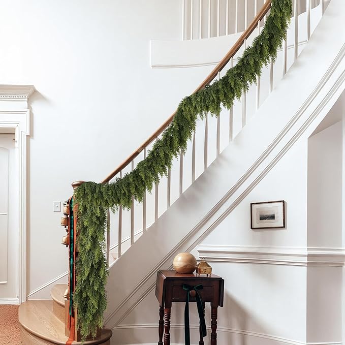 9ft Christmas Cedar Garland with Soft Thickness Pine, Artificial Green Faux Cedar Pine Garland for Mantle Fireplace Indoor Outdoor Holiday Party Home Decoration（2 Pcs）