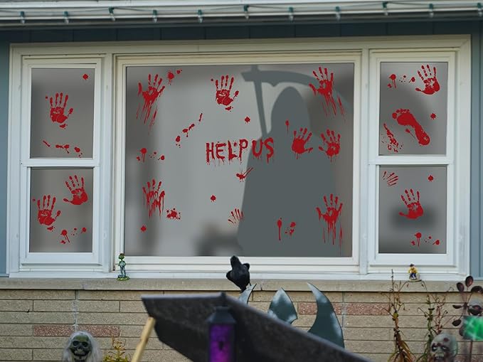 Halloween Clings- Bloody Handprint Footprint Floor Stickers, Scary Halloween Party Decor for Windows and Cars, Indoor/Outdoor Use - 12 Sheets