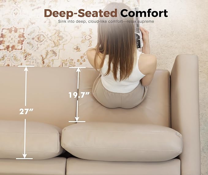 118.5" Faux Leather Modular Sectional Sofa with Storage Seat, Modern 6 Seater Couch Deep Seat with Removable Cover DIY Combination Whitesand