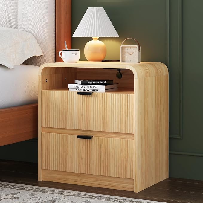 FURSUN 24" Fluted Nightstand Set of 2 with Charging Station, Wooden End Table with 2 Drawers Storage, Curved Profile Design, Modern Bedside Cabinet for Bedroom Living Room, Natural Oak