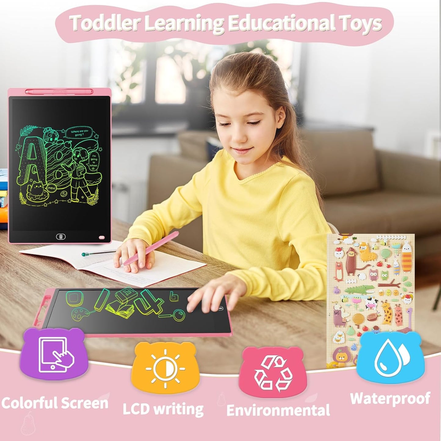 [2 Pack] Genialba LCD Writing Tablet 12-Inch Colorful Doodle Board, Toddler Learning Educational Toys Gifts for 3-8 Years Old Girls and Boys, Electronic Drawing Pad for Kids (Pink&Blue)