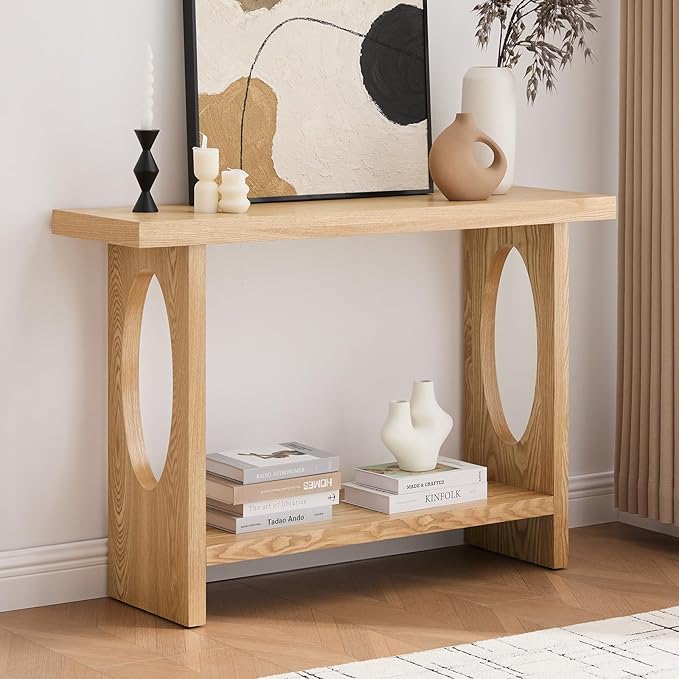 BECHAEO 47-Inch Farmhouse Narrow Console Table, 2'' Thickened Entryway Table with Solid Wood Veneer, 2-Tier Sofa Tables Behind Couch, Rectangle Hallway Tables for Living Room, Foyer Rustic Oak