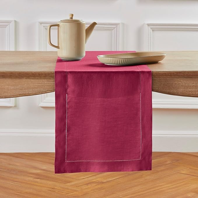 Solino Home Linen Beet Table Runner 72 Inches Long - 100% Pure Linen Hemstitch Table Runner 14 x 72 Inch for Dresser, Dining, Fall, Autumn, Halloween, Thanksgiving - Classic Hemstitch