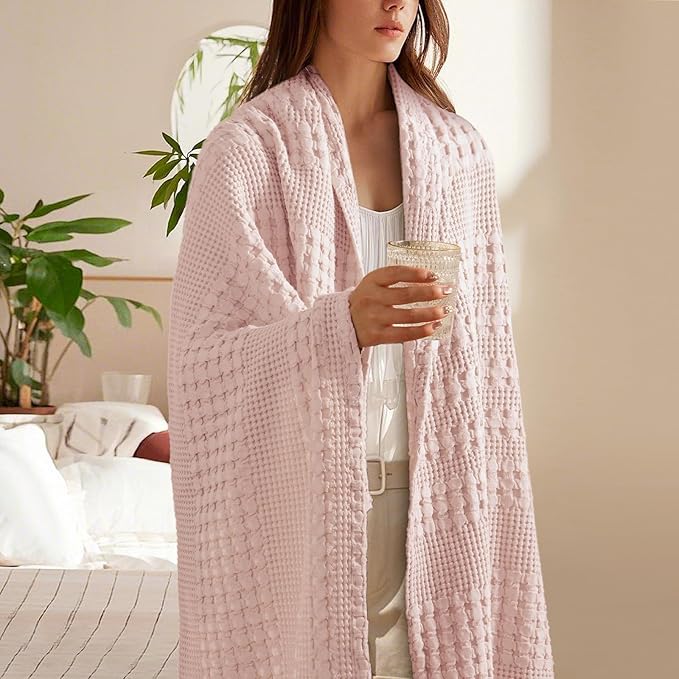 PHF 100% Cotton Waffle Weave Throw Blanket, Soft Lightweight Breathable Cozy Summer Throws for Couch Bed Sofa, Luxury Aesthetic Woven Blanket for Home Decor & Office, 50"x60", Pink/Mauve