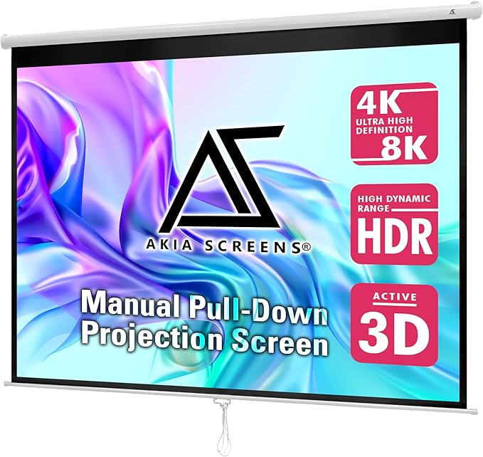 Akia Screens Retractable Projector Screen Pull Down 110 inch 4:3 8K 4K HD 3D White Projection Screen Manual B for Movie Home Theater Office Indoor Ceiling Wall Mount, AK-M110V1