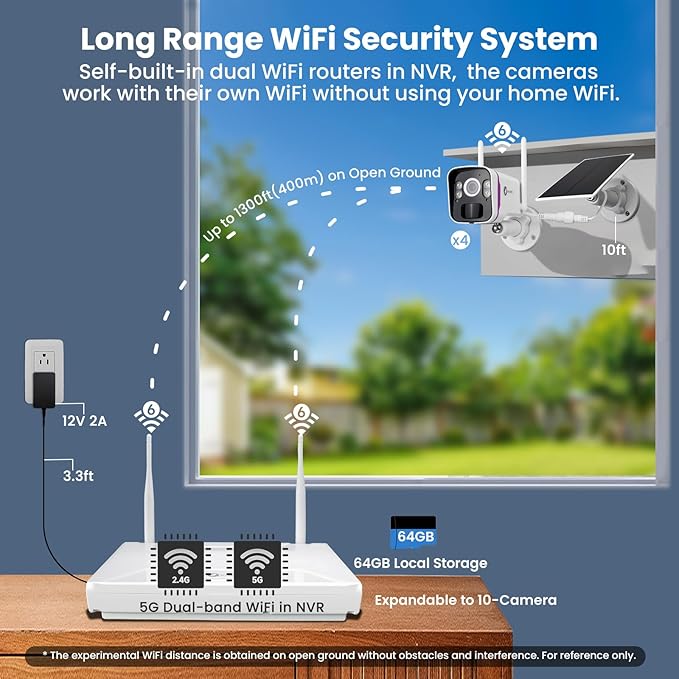 XMARTO Solar Security Cameras Wireless Outdoor, WiFi6 NVR with 64GB Micro SD Card, 10 PCs 4MP QHD Home security camera system with 10CH Expandable NVR, 120 Days Local Storage, All-Weather Solar Charge