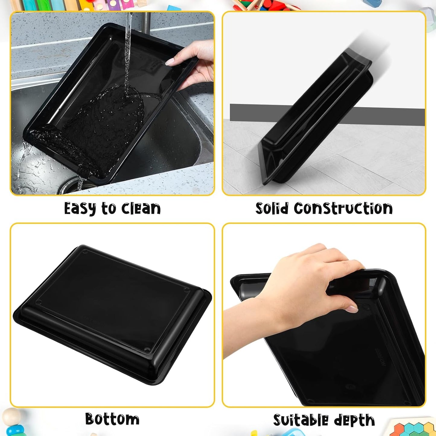 Maitys 24 Pcs Plastic Art Trays 11 x 8.7 x 1 Inch Activity Craft Tray Organizer Serving Tray Stackable Storage Sand Trays for School Painting Beads Crafts DIY Projects(Black)