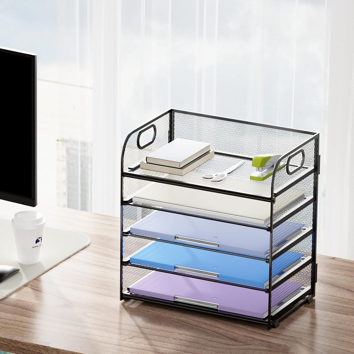 Marbrasse 5 Tier Paper Organizer Letter Tray, Mesh Desk File Organizer with Handle, Paper Sorter Desk Organizer for Home Office Supplies(Black)