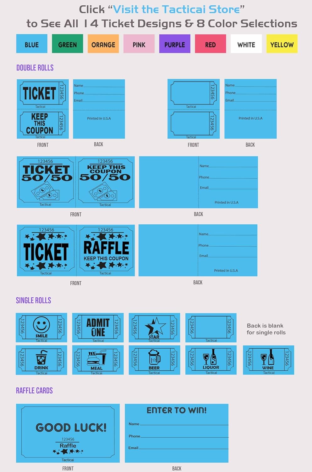 Tacticai 250 Raffle Tickets, Red (1 of 8 Colors), Raffle Cards, Entry Form with Name, Phone & Email for Events, Fundraiser & Prizes