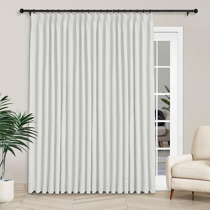 Macochico 100”Wx102”L 100% Blackout Pinch Pleated Linen Curtains for Sliding Door Bedroom Living Room Farmhouse Thermal Insulated Greyish White Burlap Drapes with Tieback 1 Panel Shabby Chic Style
