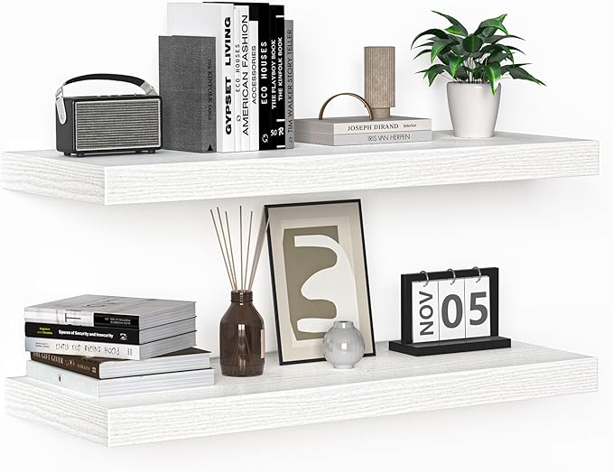 Floating Shelves - 24 Inch Rustic Wooden Wall Shelves - Extra Deeper & Thicker Wall Mounted Storage Shelf for Living Room, Kitchen, Farmhouse - 24" W x 9" D x 1.6"H - Rustic White, 2 Pack