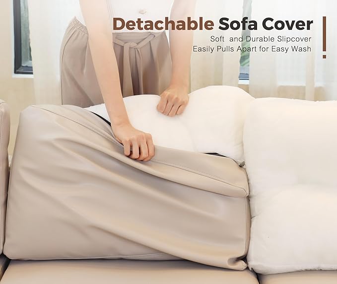 118.5" Faux Leather Modular Sectional Convertible Sofa, L Shaped Couch Set for Living Room, Large 8-Seater Comfy Cloud Couches with Movable Storage Ottoman DIY Combination - Whitesand
