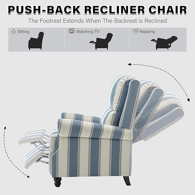UIXE Pushback Recliner Chairs Set of 2, Fabric Overstuffed Armchair Push Back Accent Chair for Living Room, Rivet Trim Club Chair Home Theater Bedroom Side Reading Seats - Strip Navy
