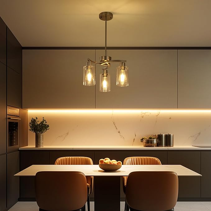 3-Light Brushed Nickel Pendant Lighting for Kitchen Island, Hanging Dining Room Light Fixtures Over Table, Industrial Chandelier for Entryway Hallway Foyer Bedroom, Clear Glass Shade