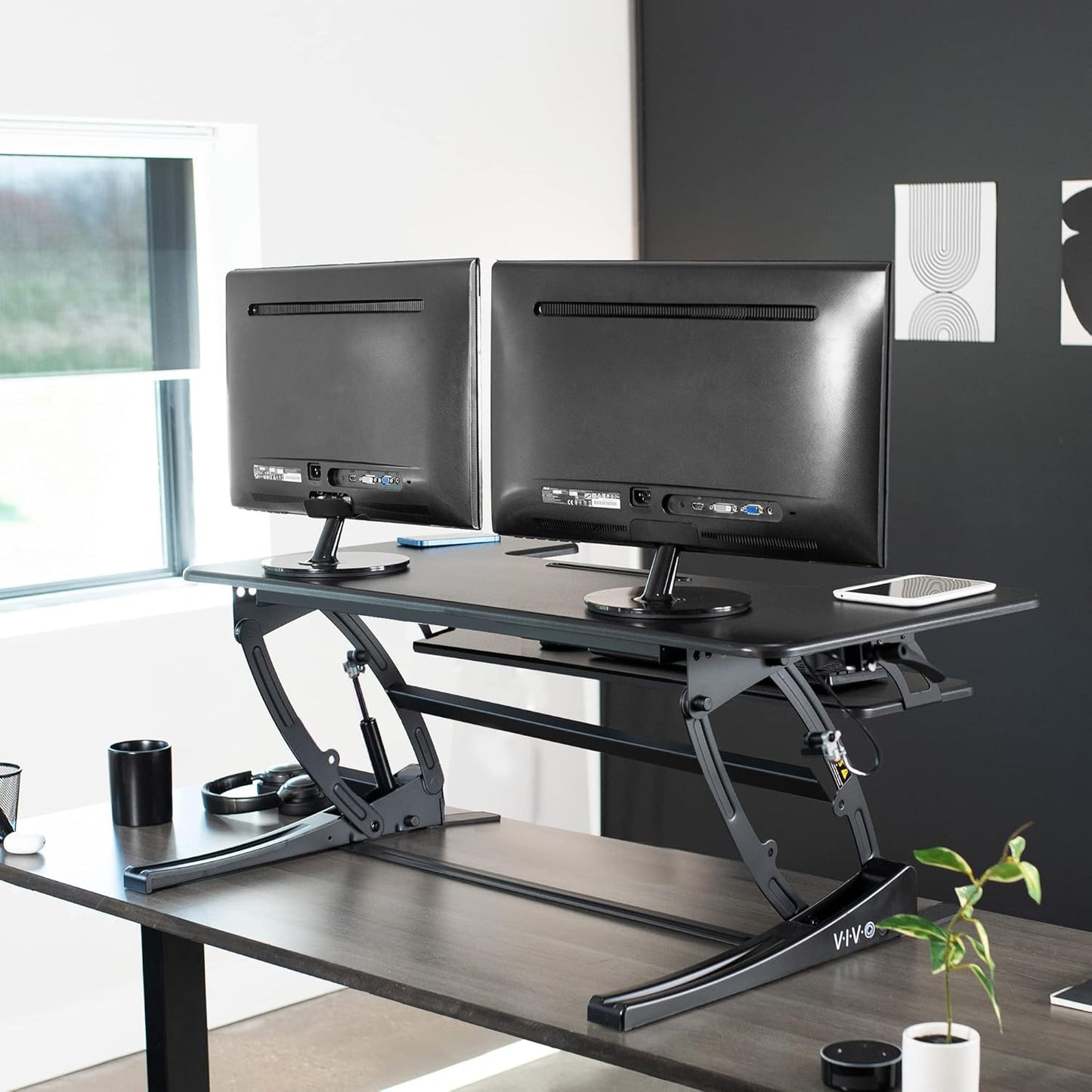 VIVO 42 inch Height Adjustable Stand Up Desk Converter, V Series, Quick Sit to Stand Tabletop Dual Monitor Riser Workstation, Black, DESK-V000VL