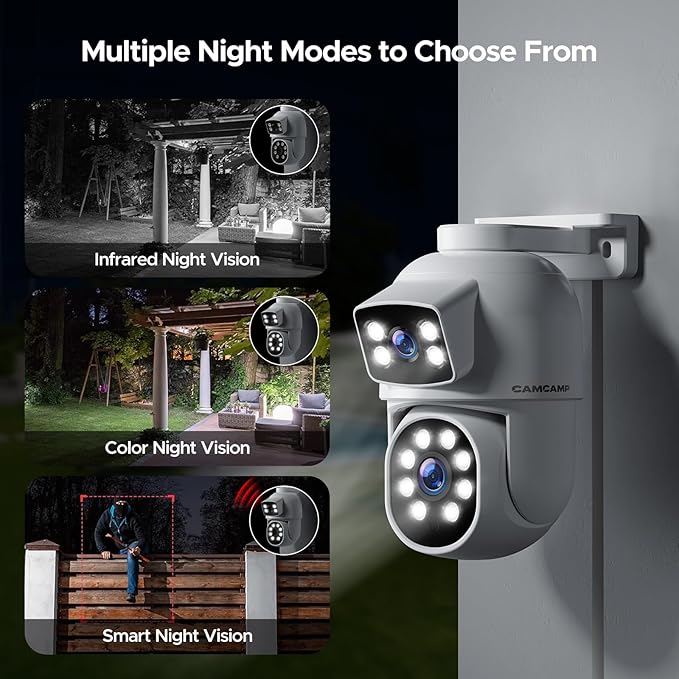 Camcamp Dual Lens Security Camera Outdoor, 2K Full HD Video, 360° View Pan/Tilt Surveillance & Security Cameras with Color Night Vision, Easy to Install, PIR Alarm