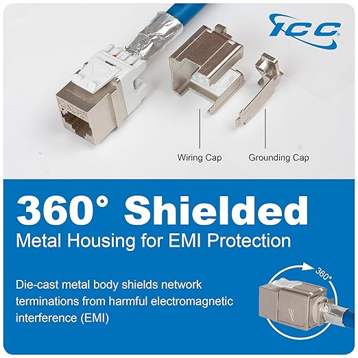 ICC Shielded FTP CAT6A Keystone Jack with Slim Profile 180 Degree Punch Down, 10Gbps RJ45 UL Listed PoE++ TAA Compliant for Wall Plate or Patch Panel, Works with JackEasy Termination Tool