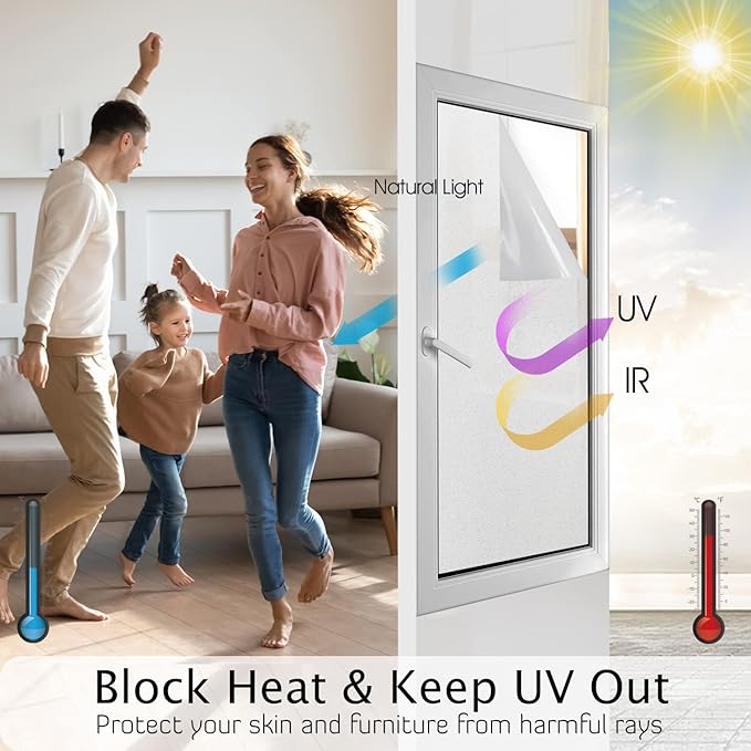HIDBEA Frosted Window Privacy Film Heat Control UV Blocking, Static Cling Non-Adhesive Reusable Door coverings for Bathroom Home Office (Frosted, 35.4 Inch x 6.5 Feet)