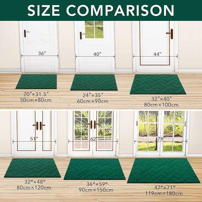 hicorfe Front Door Mat Outside Entrance,32"x40" Absorbent Muddy Dirt Resist Welcome Door Mats Outdoor Indoor,Stain and Fade Resistant,Non Slip Backing Entry Mat Doormat for Entryway(Evergreen)
