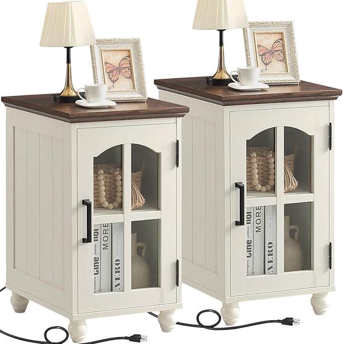 Narrow Side Table Set of 2,White Nightstand with Charging Station,End Table with Glass Barn Door Storage, Cabinet Organizer with Adjustable Shelf, Night Stand for Small Spaces Living Room Bedroom