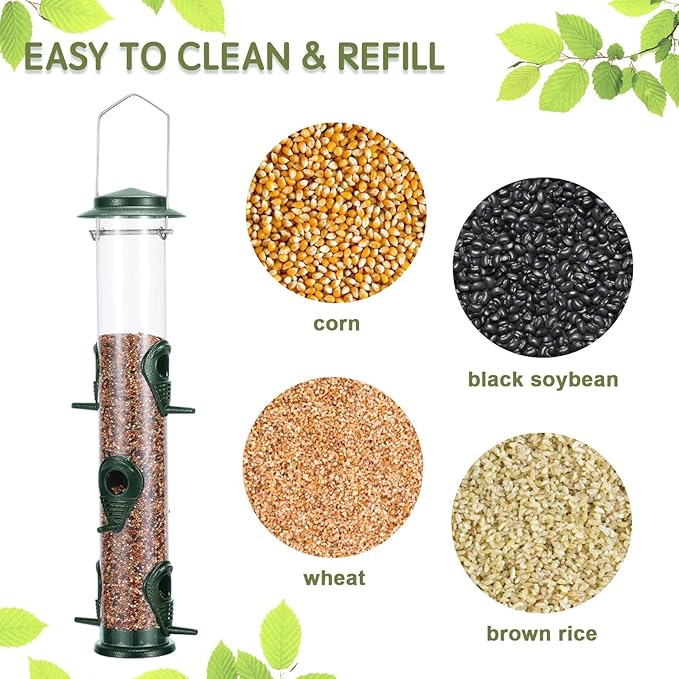 MIXXIDEA 2PK Metal Wild Bird Feeder Bird Feeders for Outdoors Hanging 6 Port Tube Bird Feeder Transparent Finch Feeder with Steel Hanger Green