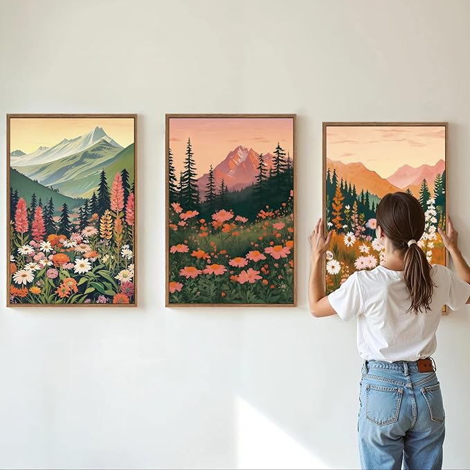 Tinonedraw Colorful Nature Flowers Framed Canvas Wall Art Set, Boho Blue Ridge Mountain Wall Decor,Floral Forest Scenery Artwork, Modern Wildflower Blossom Landscape Art Prints for Living Room Bedroom Office 16"x24"x3