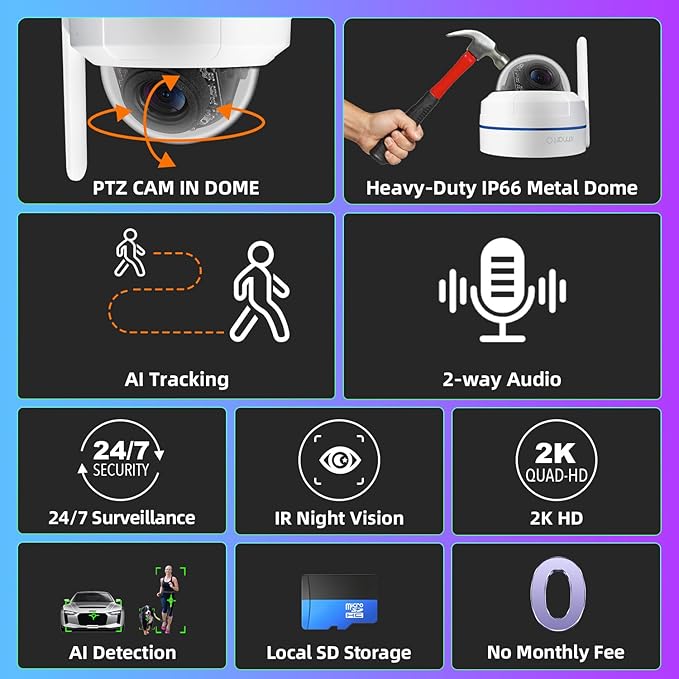 [AI Tracking Ceiling CAM] XMARTO 16CH 2K HD Metal Dome PTZ Wireless Security Camera System, 16*Automatic-Follow, 2-Way Audio and Night Vision Camera, 16CH 4K Long Range WiFi 6 Surveillance DVR NVR Kit