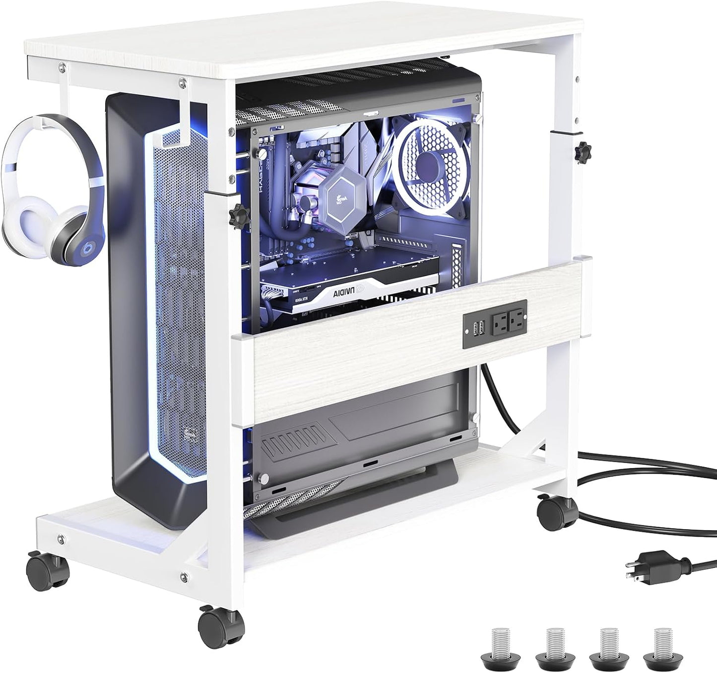 Height Adjustable Computer Tower Stand with Charge Station and USB Charging Port, 2-Tier ATX-Case Cart, Under Desk Mobile PC Stand, CPU Holder Cart with Locking Caster Wheels for Fits Most PC
