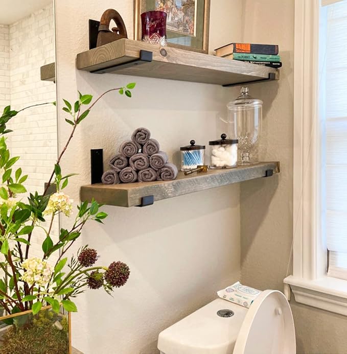 Rustic Shelves with J-Brackets Set of 2, Industrial Shelf, Kitchen Shelves, Solid Wood, Decorative Wall Storage, Heavy Duty, URBANDI (Grey, 24Wx6D)