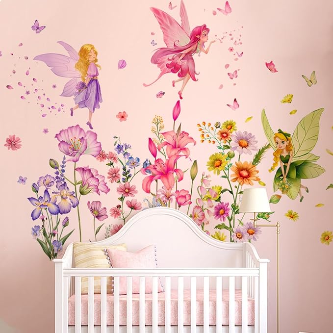 Set of 3 Sheets Size 40x12 Inch Spring Summer Window Cling Sticker Angels, Flowers, and Butterfly Window Stickers, Spring and Summer Decor, Wall, Window Glass Display Stickers (Fairy Theme)