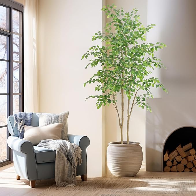 Tall UV Resistant Ficus Tree Artificial，7ft(84in) Realistic Texture Potted Faux Ficus Tree， Fake Trees Indoor Outdoor for Home Office Living Room Bedroom Foyer Porch Decor.