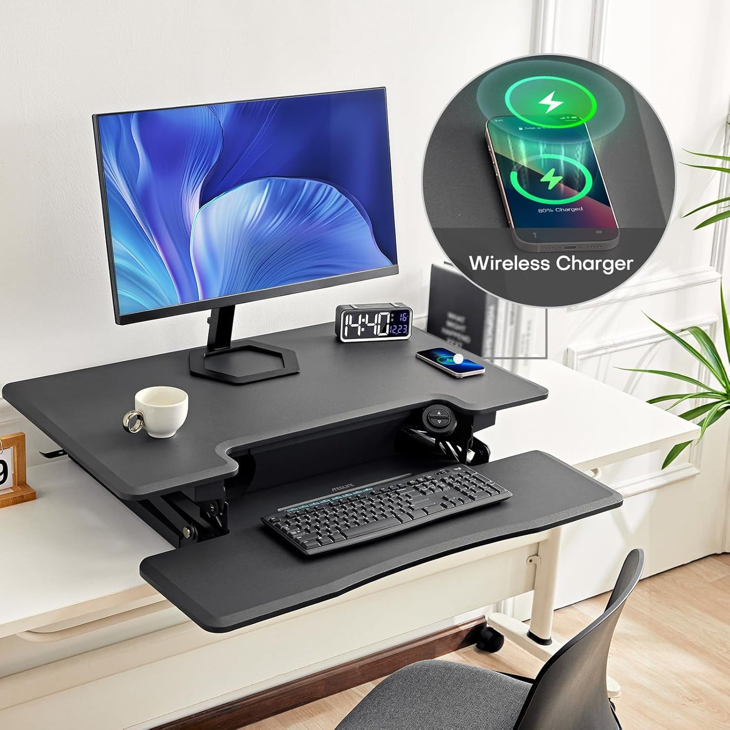 Redlife 46 inch Electric Standing Desk Converter, Height Adjustable Sit to Stand Desk Riser Extra Large Dual Monitor and Laptop Workstation with Keyboard Tray & Wireless Charging Station, Grey