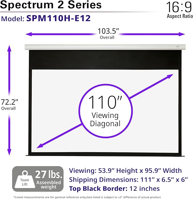 Elite Screens Spectrum2, 110-inch 16:9, 12-inch Drop, Electric Motorized Drop Down Projection Projector Screen, SPM110H-E12, MaxWhite FG / White Housing