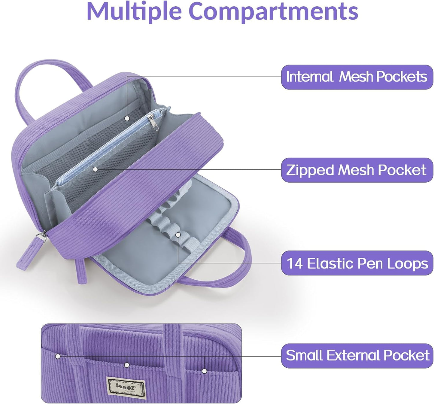 Sooez Large Pencil Case Pouch, Extra Big Pencil Bag with 5 Compartments, Pen Bag Wide Opening, Soft Corduroy Pencil Pouch Organizer with Zipper, Cute Aesthetic School Supplies for Teen Girls-Purple