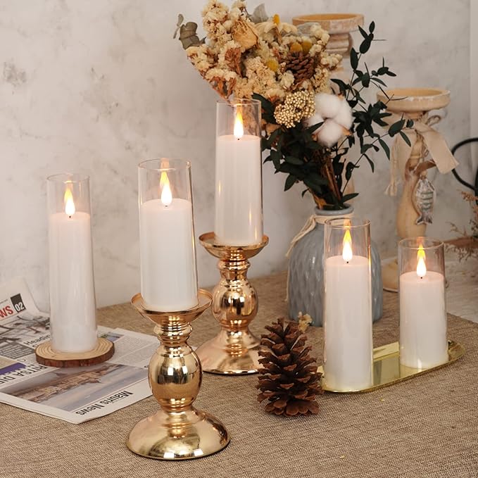 Amagic Pure White Flameless Candles, Battery Operated Candles, Acrylic Flickering LED Pillar Candles with Remote Control and Timer, 3D Wick, Yellow and Blue Glow, D2.2 xH5 6" 7", Set of 9