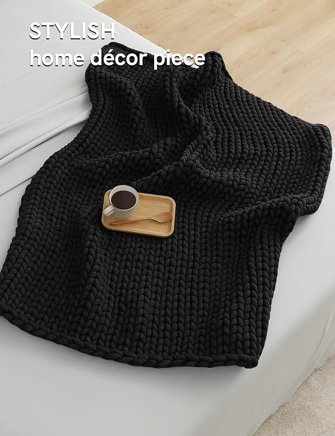 YnM Chunky Throw Blanket, Medium-Weight, Hand Knitted, Skin Friendly, Ventilated and Breathable, Machine Washable, Home Décor Piece for Couch, Sofa and Bed (Black, 40x50 Inch)
